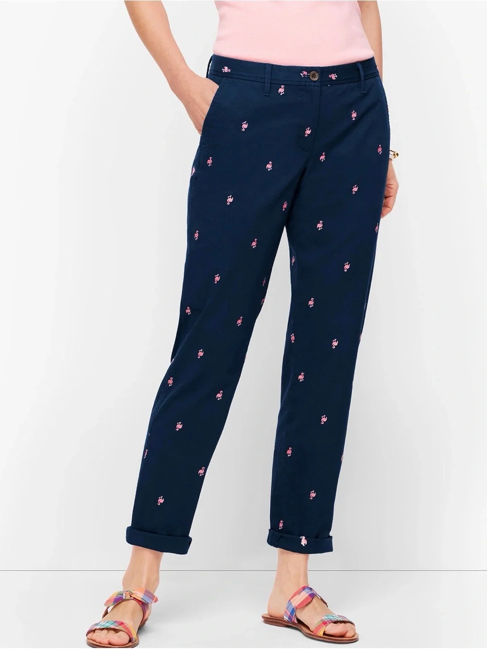Talbots Navy Relaxed Chino Pants with Pink Flamingo Embroidery SIZE 20W - Picture 9 of 12